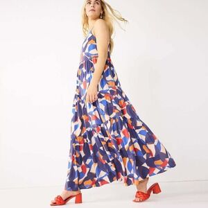 Womens Abstract Print Maxi Dress Colorful Tiered Flowy Euro Summer Size Small